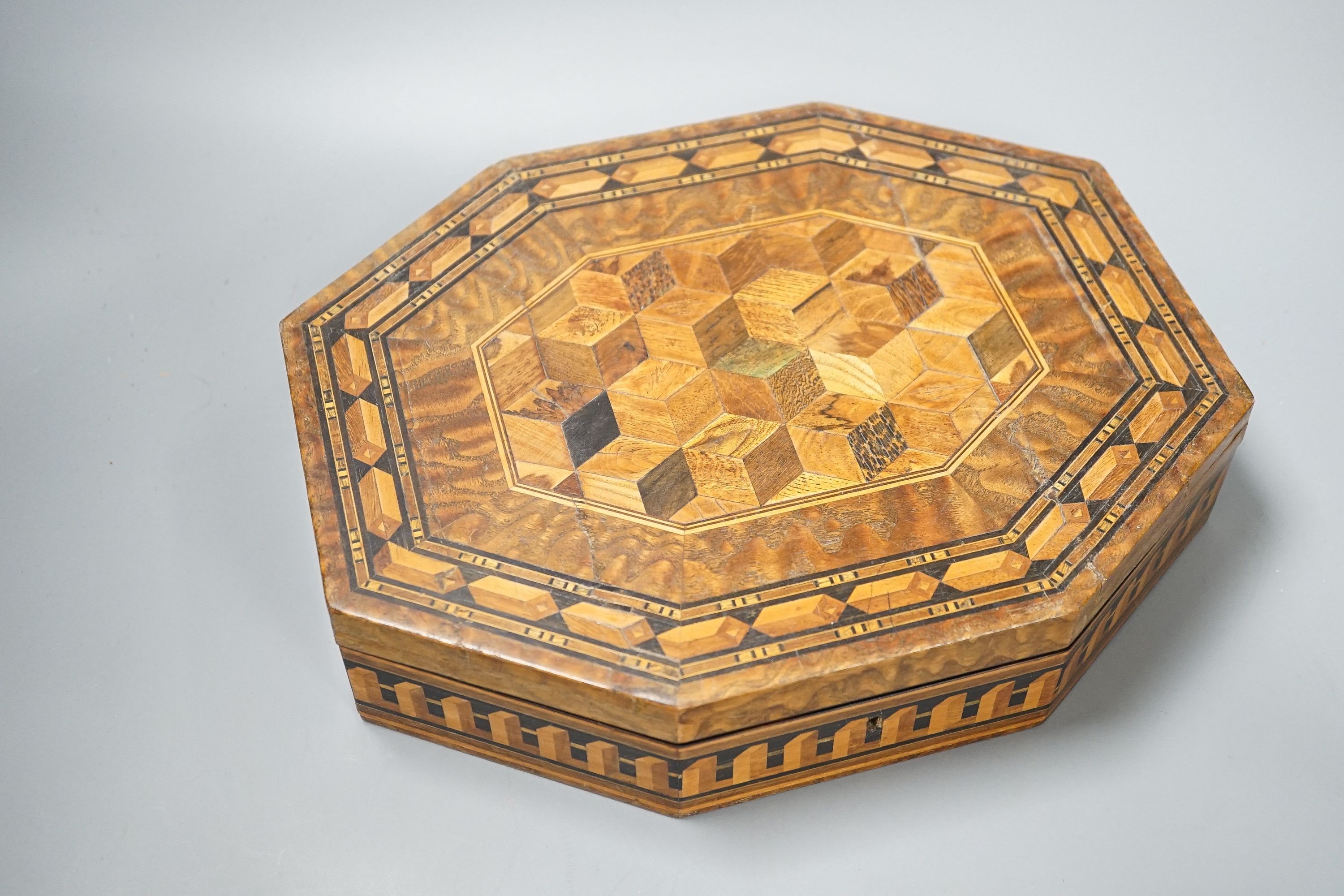 A Tunbridge ware perspective cube marquetry Hungarian ash sewing box by Edmund Nye, 27 cm and a Tunbridge ware perspective cube marquetry and tesserae mosaic Birdseye Maple box by Thomas Barton, 21.5 cm (2)